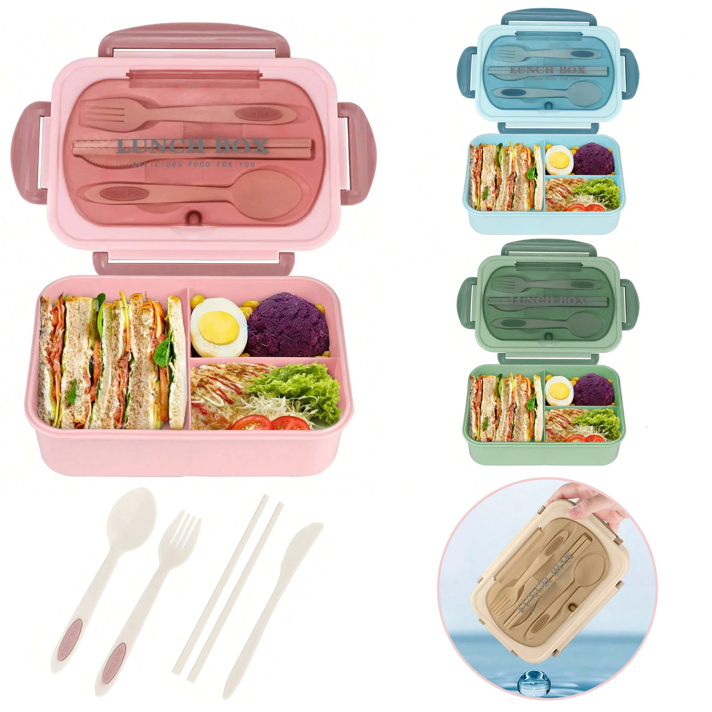 Food Storage Microwave Safe - Yetişkinler için 3 Bölmeli Bento Kutusu,