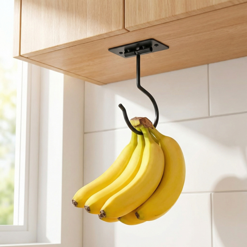 Food Storage In Cabinets - Siyah Metal Kendinden Yapışkanlı Muz Askısı